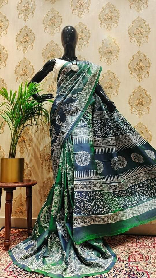 Authentic Bishnupuri Silk Saree Block Print Dual Tone Katan Silk Saree With Silk Mark Silk Saree With Blouse Piece