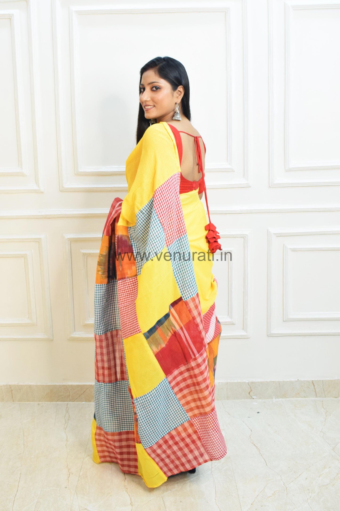 Handwoven Cotton Khadi Saree with Gamcha Patchwork, Designer Cotton Saree, Pure khadi cotton mix match saree , Yellow Cotton Saree