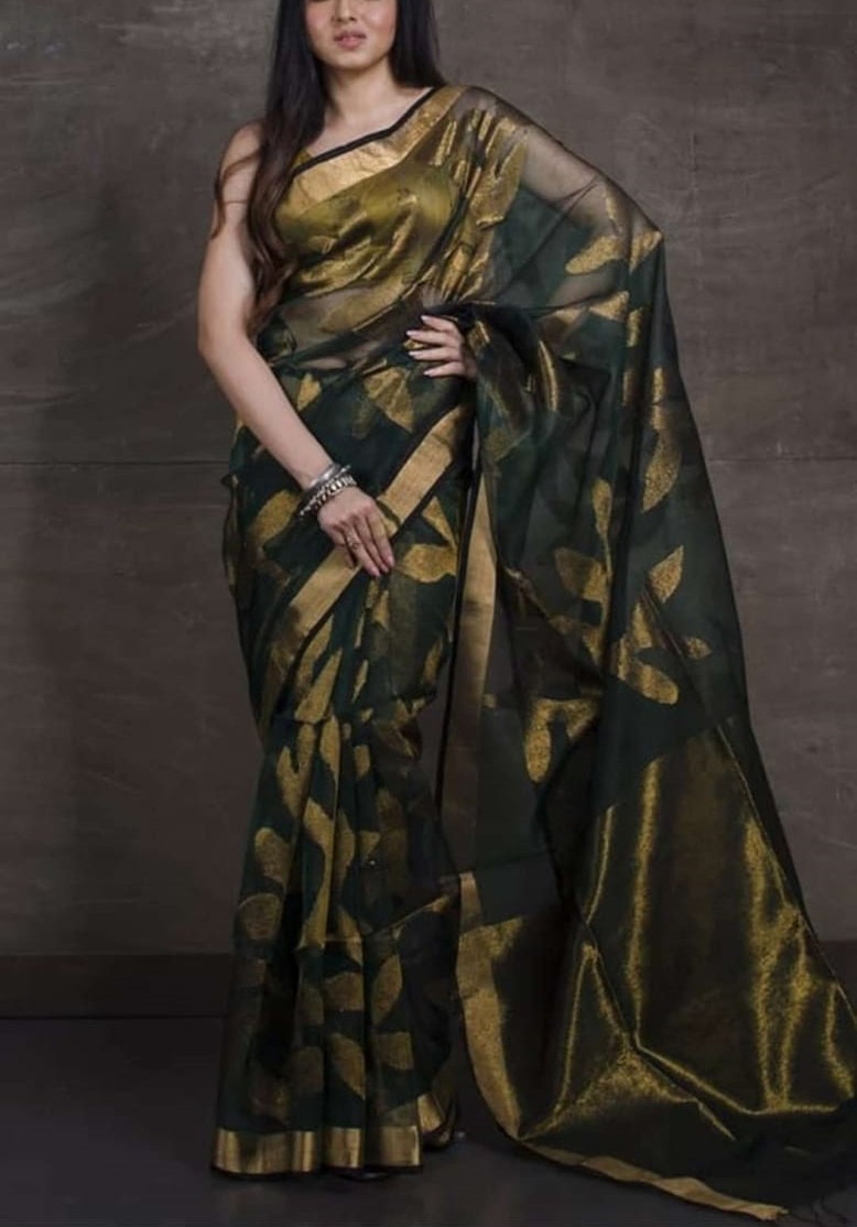 VENURATI Exclusive Handmade Muslin Jamdani Saree with Blouse Piece, Handwoven Dhakai Jamdani Maslin Saree, Transparent Jamdani Sari