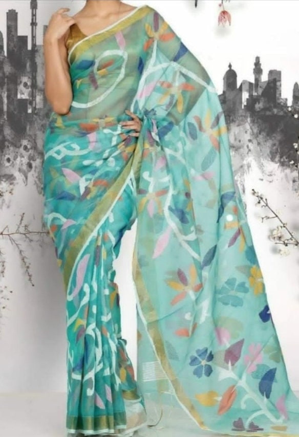 VENURATI Exclusive Handmade Muslin Jamdani Saree with Blouse Piece, Handwoven Dhakai Jamdani Maslin Saree, Transparent Jamdani Sari