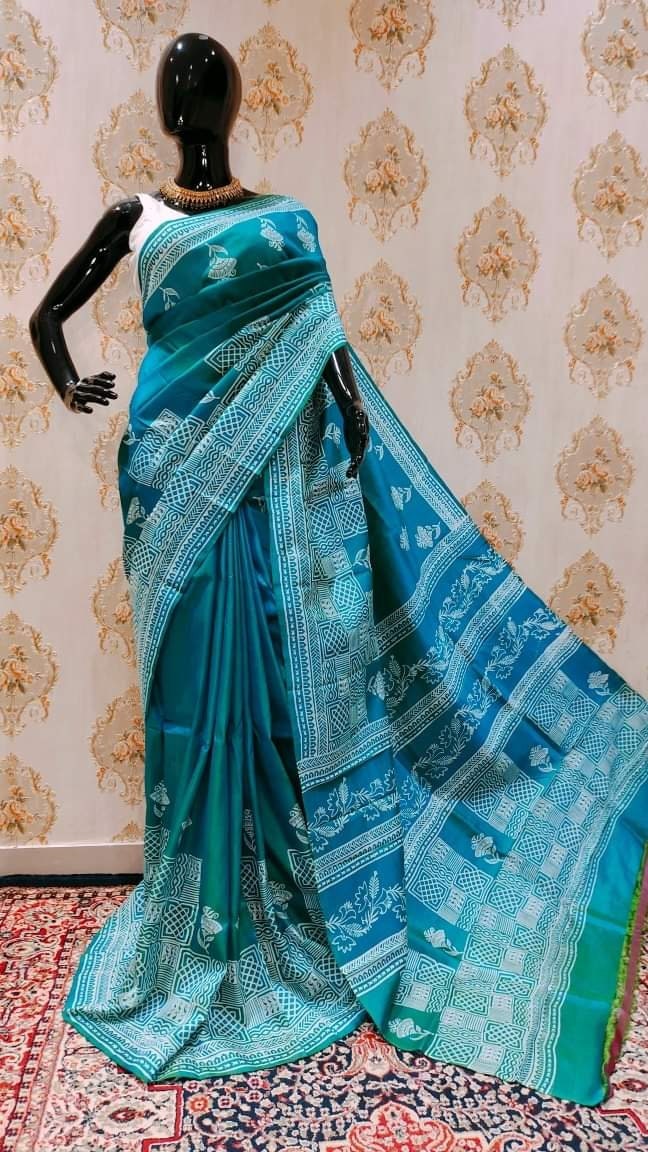 Authentic Bishnupuri Silk Saree Block Print Dual Tone Katan Silk Saree With Silk Mark Silk Saree With Blouse Piece