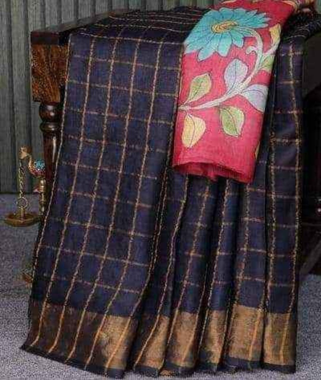 Authentic Check Tussar Saree Beautiful Pallu With Hand Painted Kalamkari Work Blouse Piece SILK MARK CERTIFIED Pure Silk Saree Tussar Silk