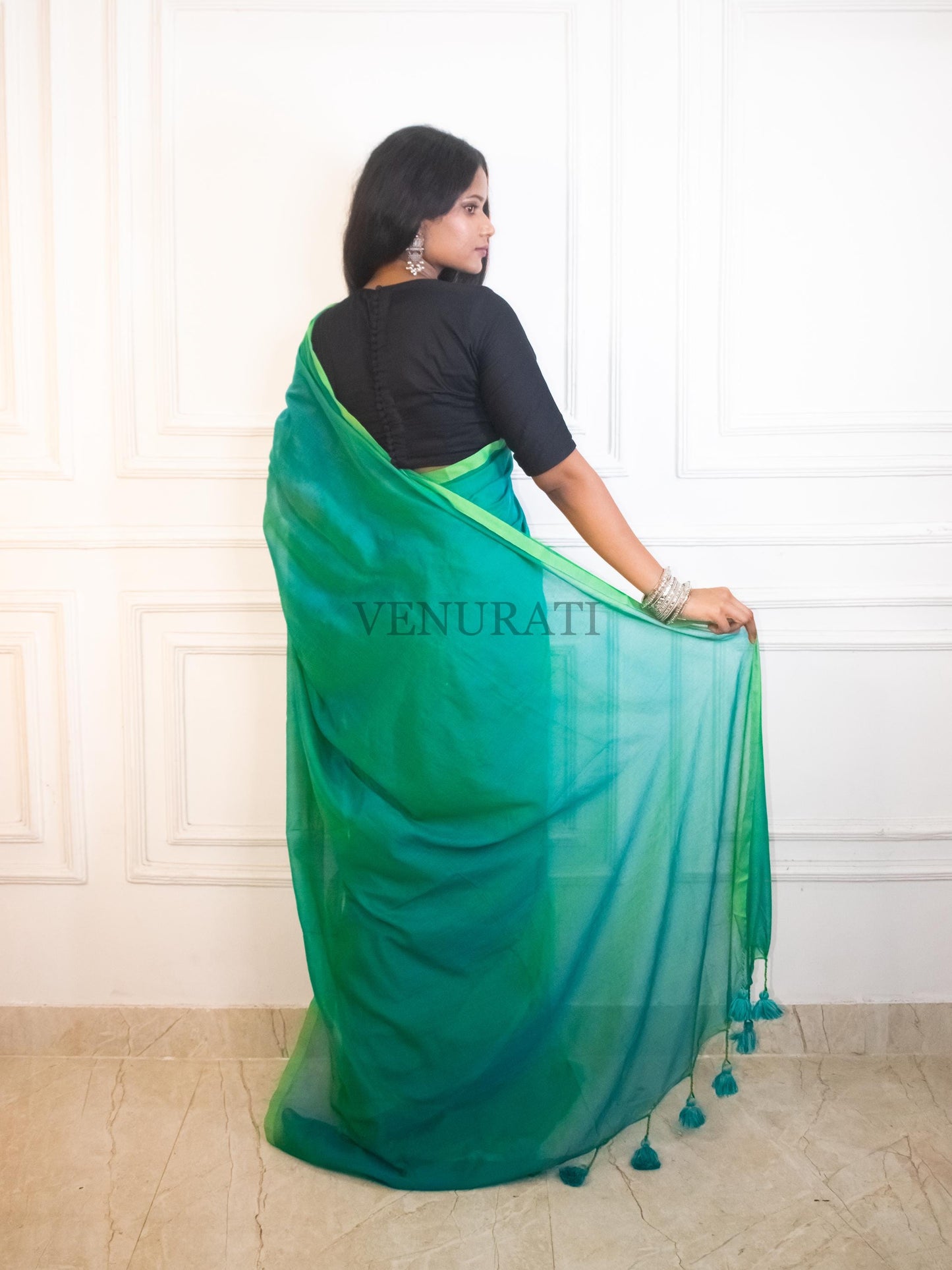 Soft Molmol Cotton Handloom Saree for All Season, Dual Tone Cotton Saree with Pompom, Sea Green Cotton Saree, Gift for Durga Puja Diwali