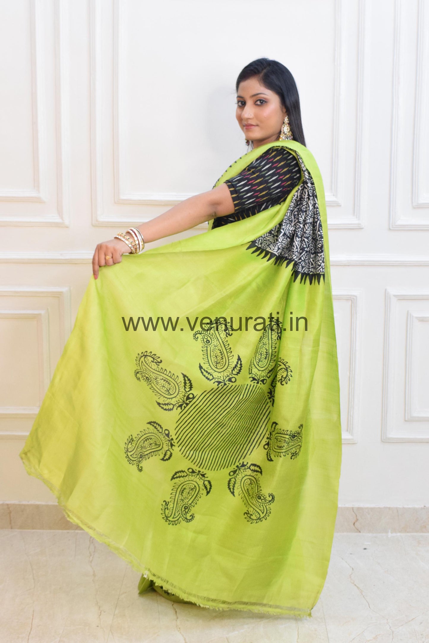 Authentic Murshidabad Silk Saree Designer Block Print Pure Soft Silk Sari With Blouse Piece, Green Silk Saree with Silkmark, Gift for Mother