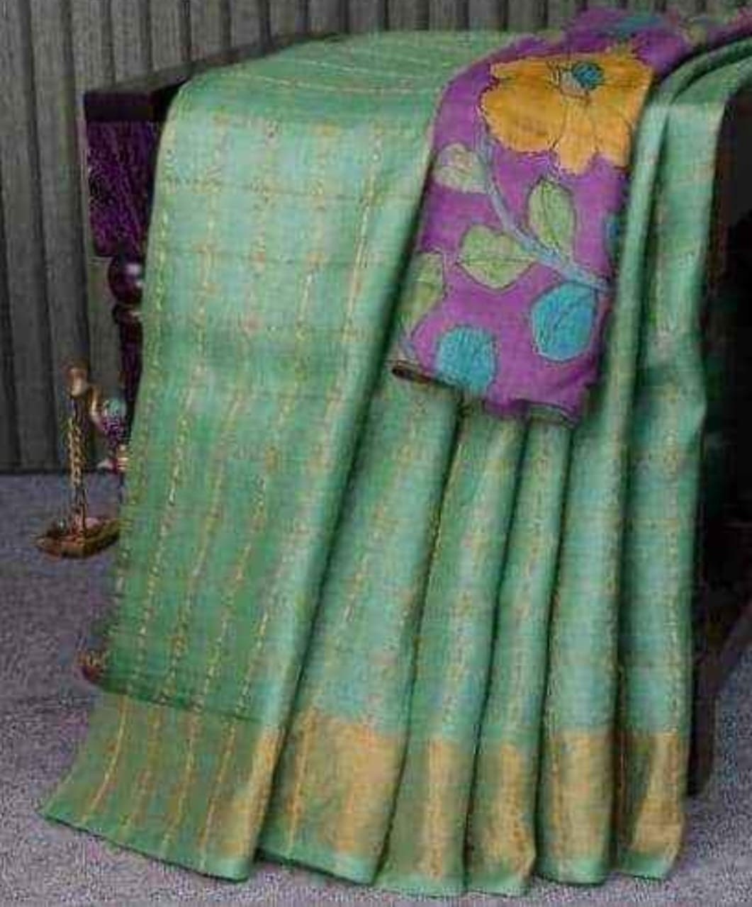Authentic Check Tussar Saree Beautiful Pallu With Hand Painted Kalamkari Work Blouse Piece SILK MARK CERTIFIED Pure Silk Saree Tussar Silk