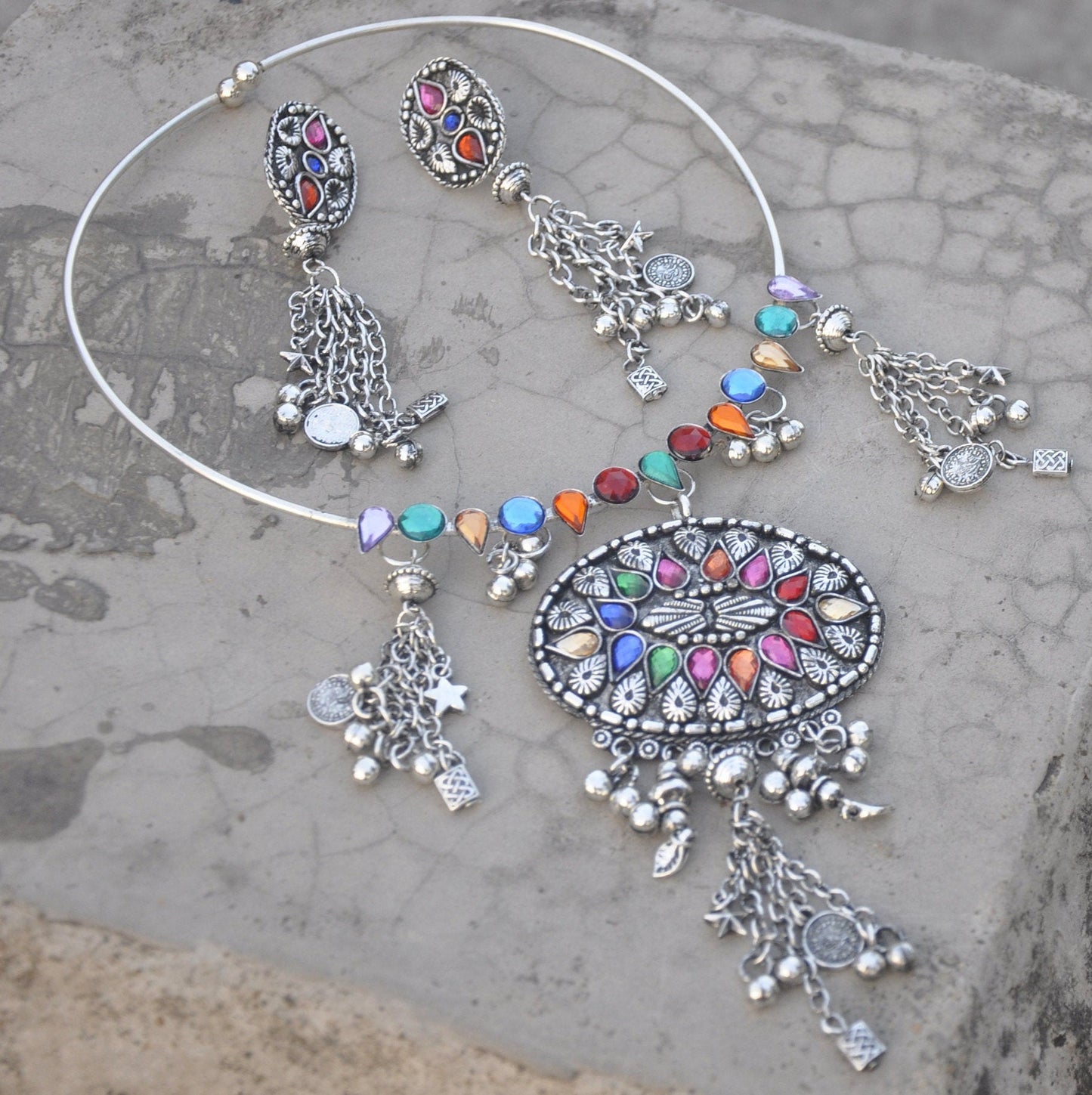 Tribal Oxidized Jewelry Set, Multi Colour Stone Nacklace | Necklace and Earring for Saree | Mothers Day Gifts