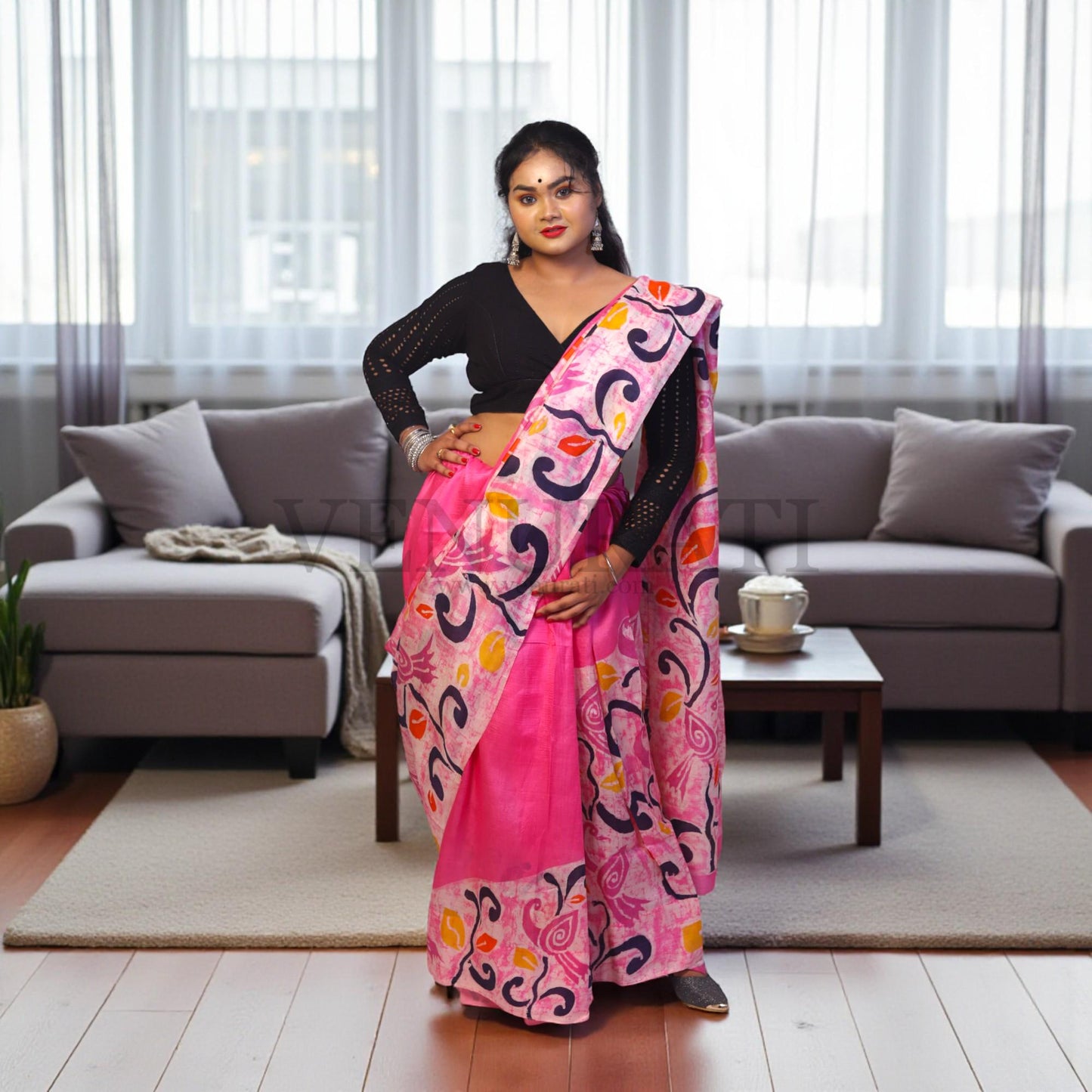 Pure Silk Saree With Blouse Piece, Authentic Murshidabad Silk Saree with Silk mark Tag, Batik Paint Silk Saree, Handmade Silk Sari for Women