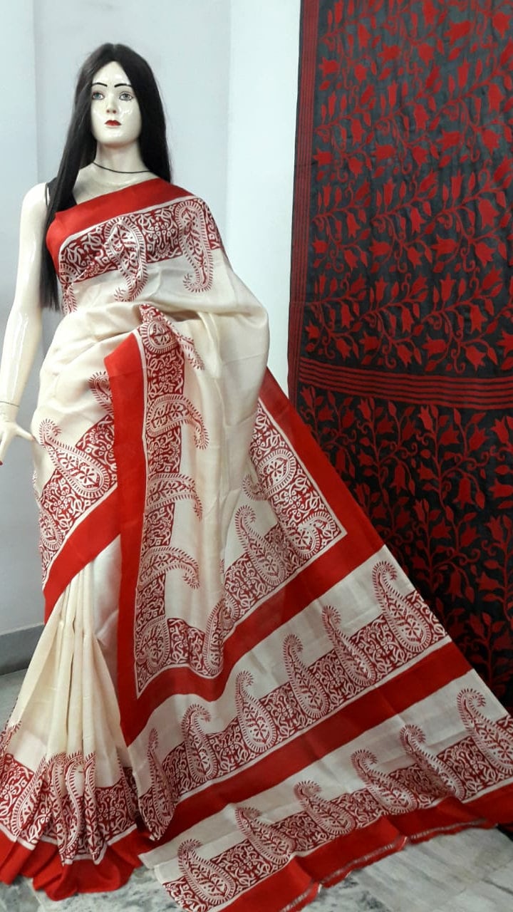 Authentic Murshidabad Silk Saree Designer Block Print Pure Handloom Soft Murshidabadi Silk Sari With Blouse Piece | Lal Par Sada Saree