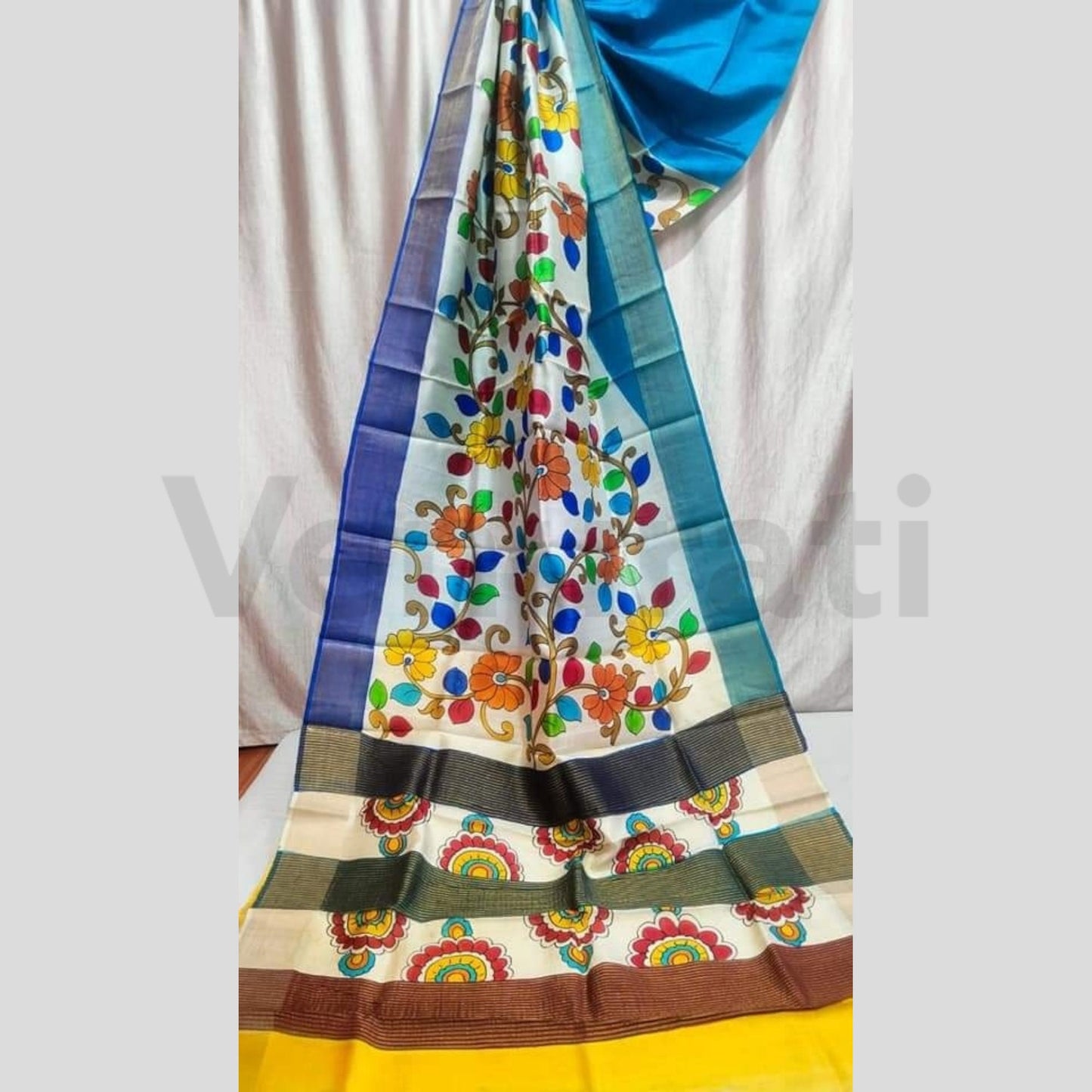 Hand-Painted Jari Tussar Kalamkari Saree, Pure Silk Saree with Silkmark