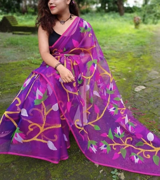 VENURATI Exclusive Handmade Muslin Jamdani Saree with Blouse Piece, Handwoven Dhakai Jamdani Maslin Saree, Transparent Jamdani Sari
