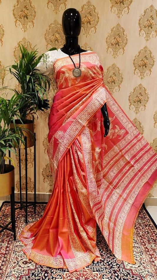 Authentic Bishnupuri Silk Saree Block Print Dual Tone Katan Silk Saree With Silk Mark Silk Saree With Blouse Piece