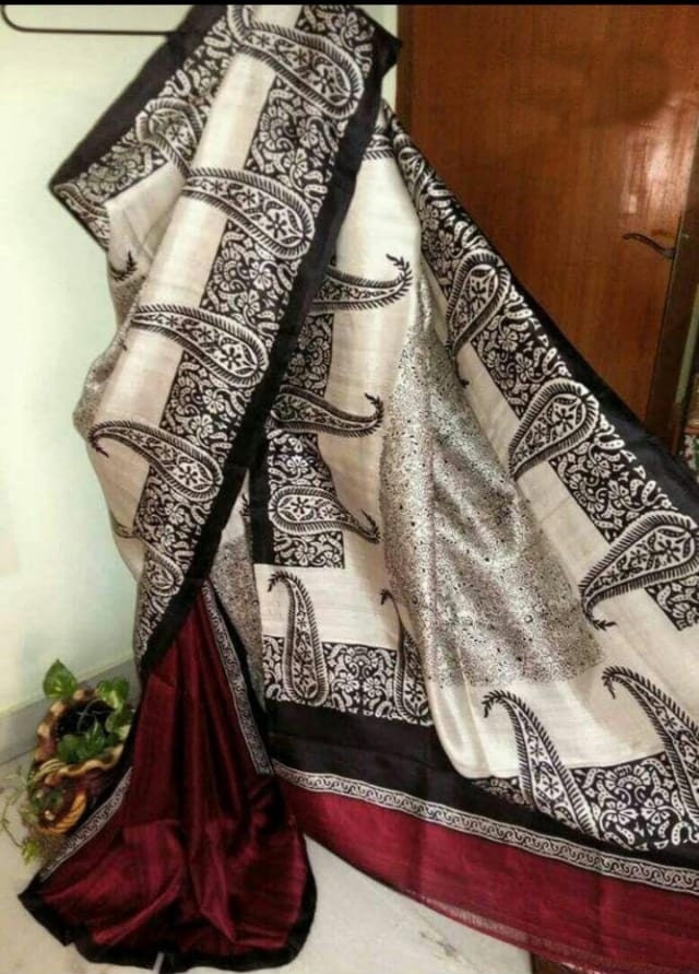 Authentic Murshidabad Silk Saree Designer Block Print Pure Handloom Soft Murshidabadi Silk Sari With Blouse Piece | Lal Par Sada Saree