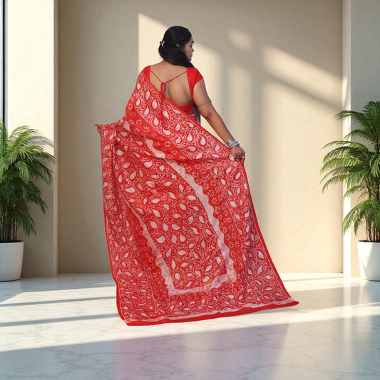 Pure Silk Saree With Blouse Piece, Authentic Murshidabad Silk Saree with Silk mark Tag, Batik Paint Silk Saree, Handmade Silk Sari for Women