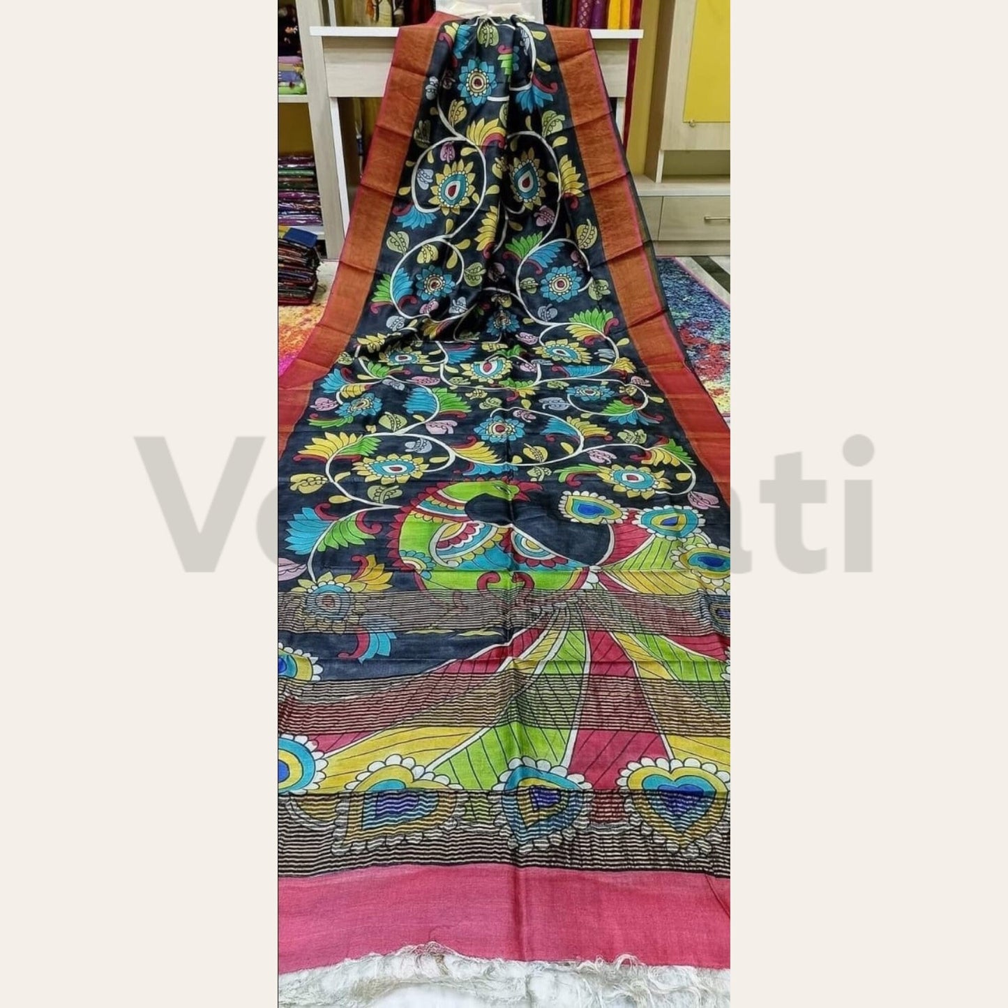 Pure Silk Saree with Silk Mark, Hand Painted Jari Tussar Kalamkari Saree, Authentic Tussar Silk Saree, Gift for Diwali, Christmas, Birthday