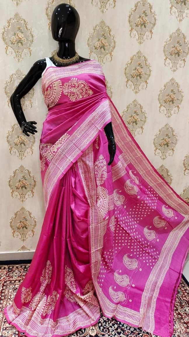 Authentic Bishnupuri Silk Saree Block Print Dual Tone Katan Silk Saree With Silk Mark Silk Saree With Blouse Piece