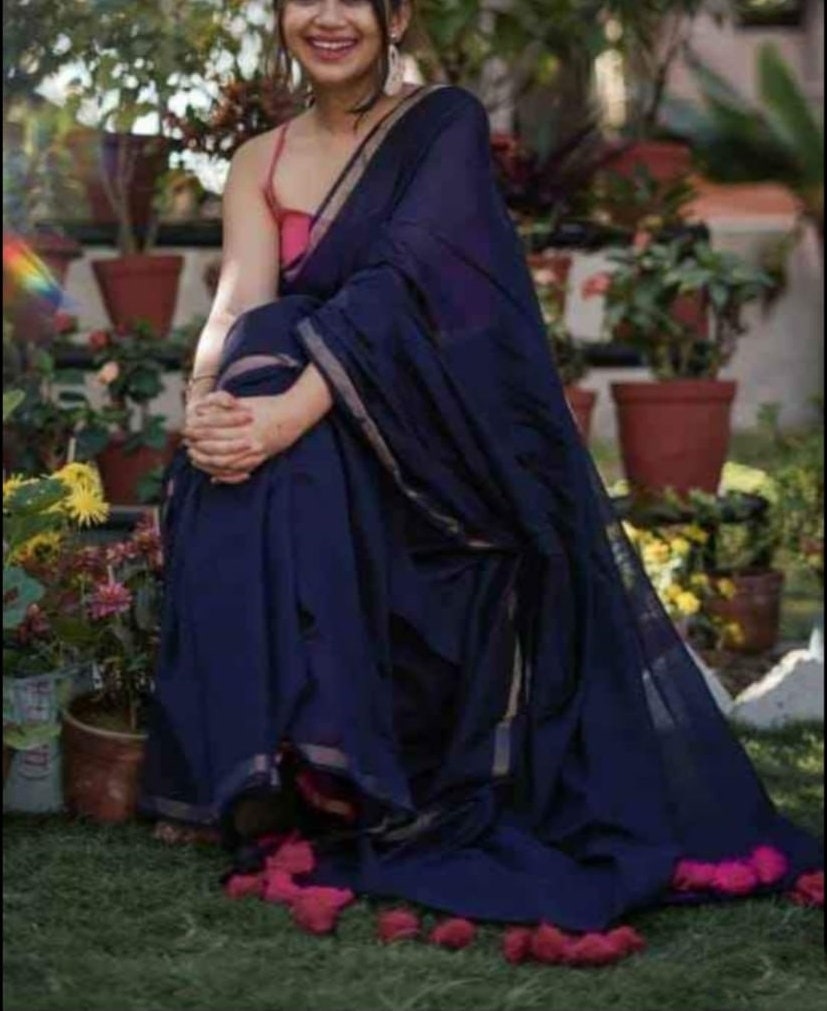 Molmol cotton handloom saree With Zari Border and beautiful Pompom Simple Cotton Sari Gift for Durga puja Diwali