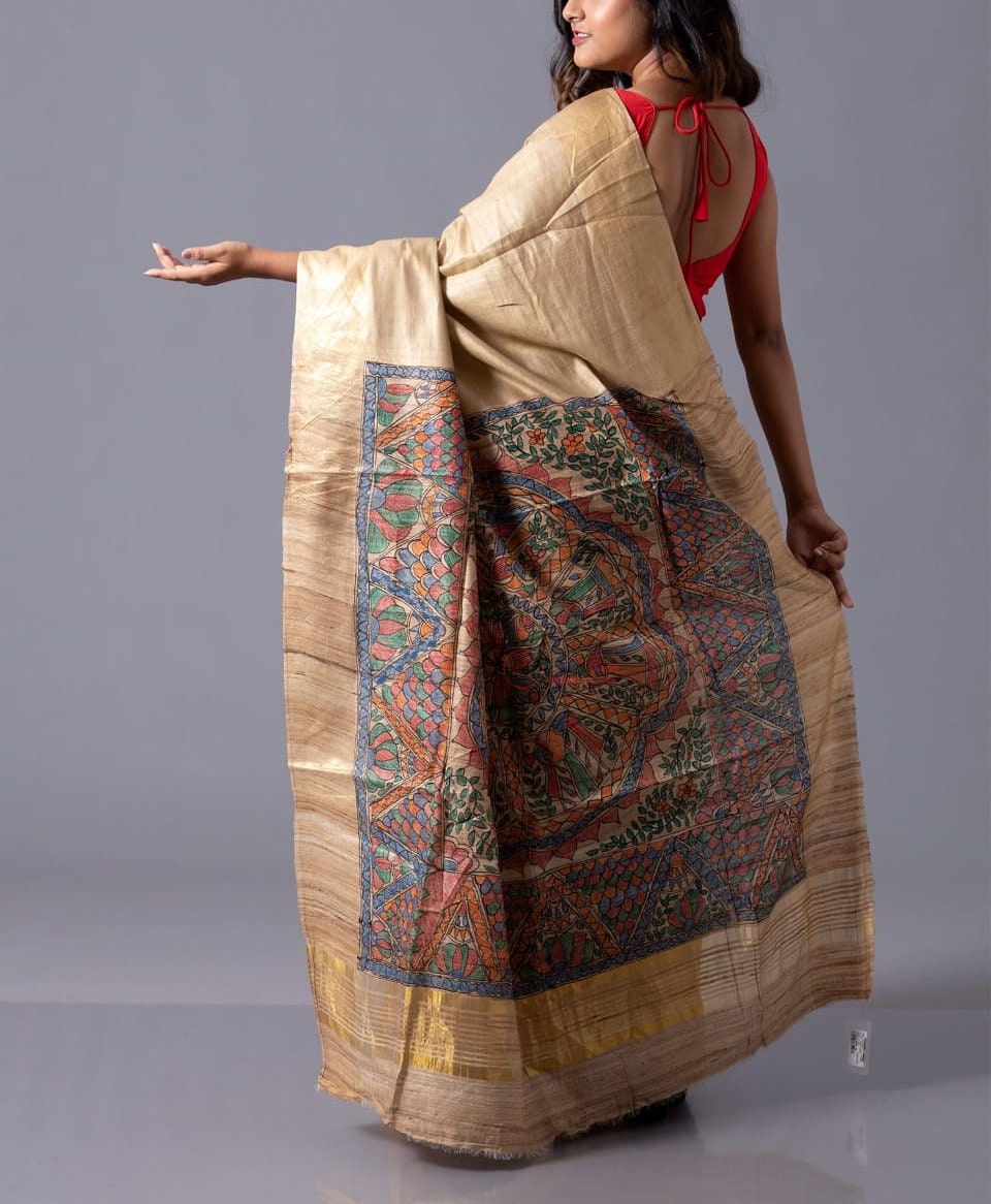 Authentic Ghicha Tussar Silk Saree Madhubani hand print  Tasar Silk Sari With Blouse Piece Gift For Anniversary, Durga puja