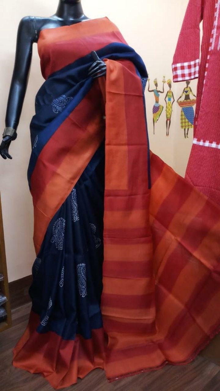 Authentic Murshidabad Silk Saree Designer Block Print Pure Handloom Soft Murshidabadi Silk Sari With Blouse Piece | Gift For Durga Puja