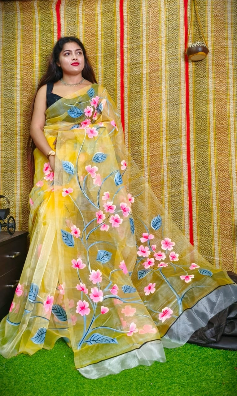 Hand Painted Multicolour Organza Saree, Bollywood Style Party Wear Indian Wedding Saree, Designer Organza Saree, Transparent Saree