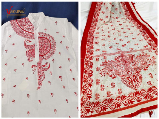 Designer Saree And Punjabi Couple Set With Hand Painted work Pure Cotton Mens Kurta Cotton Jamdani Saree