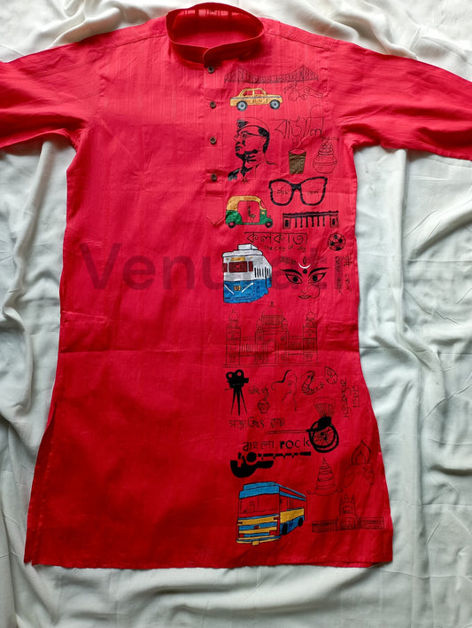 Hand painted Pure Cotton Kurta for Men's, Indian Style Men's Kurta, Handpaint Punjabi for Men's, Gift for Boyfriend
