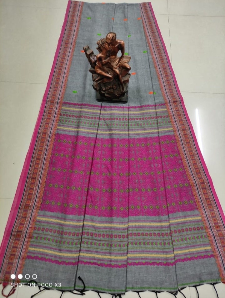 Authentic Assam Handwoven Khadi Cotton Saree Pure Mercerized Cotton Saree With Blouse Piece Dongria khadi Sari Begumpuri Jamdani Saree