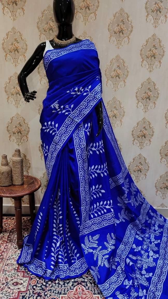 Authentic Bishnupuri Silk Saree Block Print Dual Tone Katan Silk Saree With Silk Mark Silk Saree With Blouse Piece