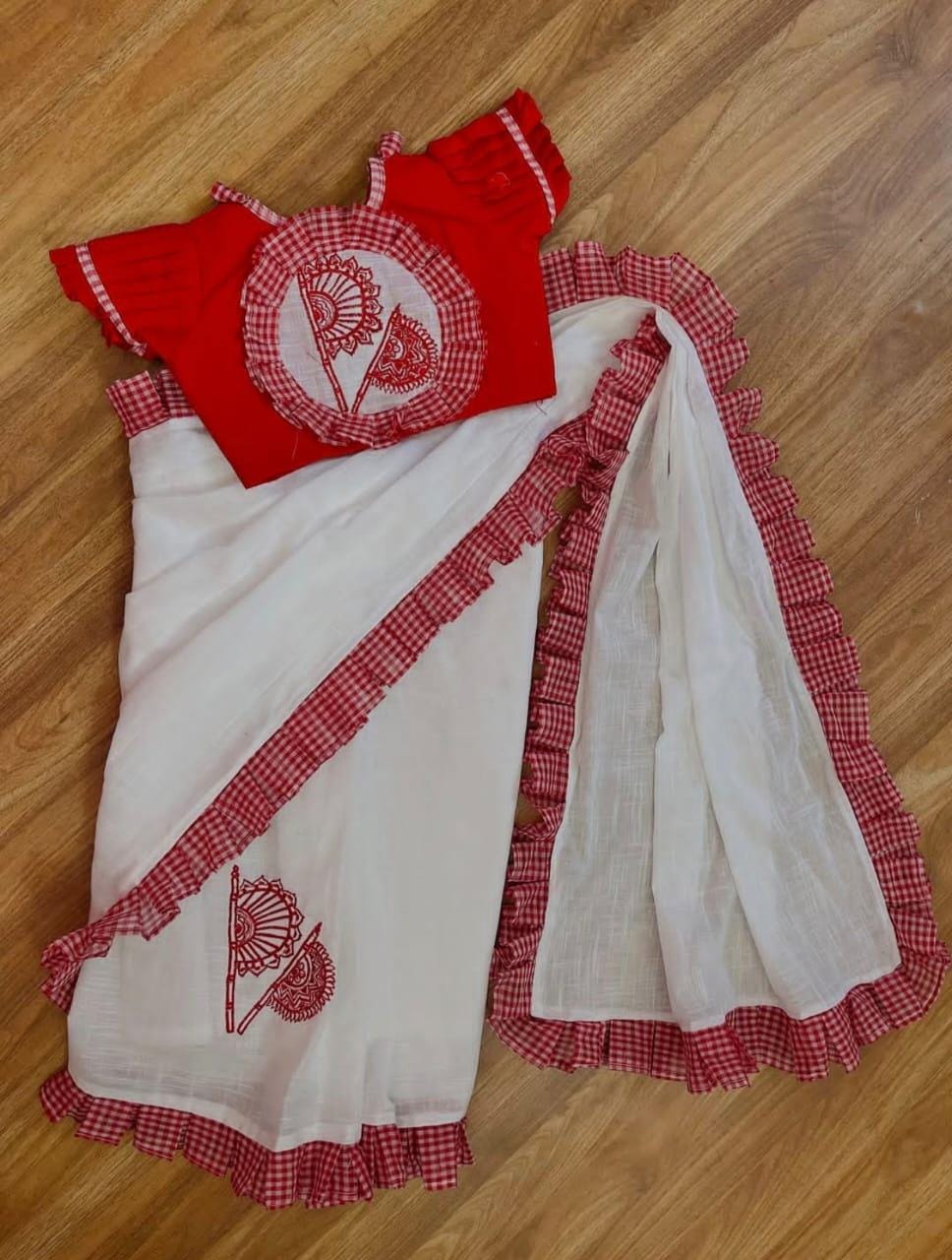 Traditional Ethnic Bengali Saree For Baby Girls, Ready Saree and Blouse for Kids, Pure Cotton Saree for Baby Girls, Ready to Wear Saree