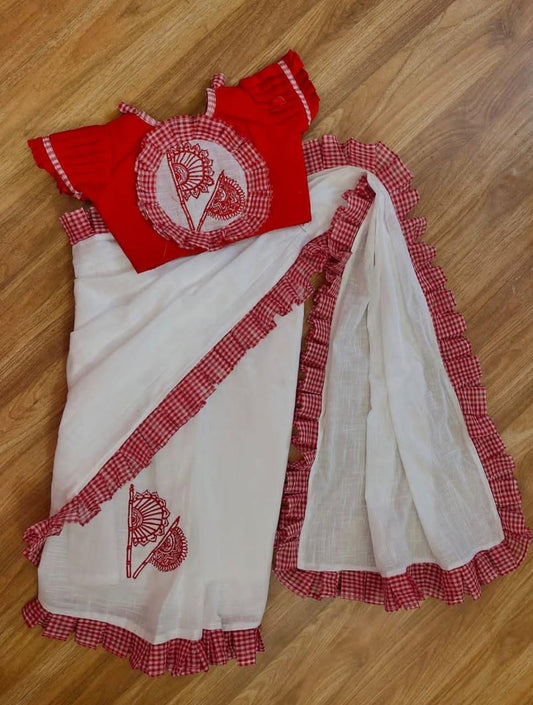 Traditional Ethnic Bengali Saree For Baby Girls, Ready Saree and Blouse for Kids, Pure Cotton Saree for Baby Girls, Ready to Wear Saree