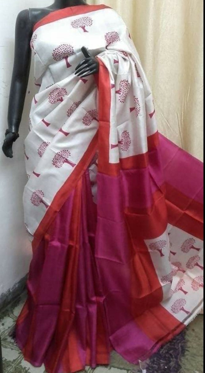 Authentic Murshidabad Silk Saree Designer Block Print Pure Handloom Soft Murshidabadi Silk Sari With Blouse Piece | Gift For Anniversary