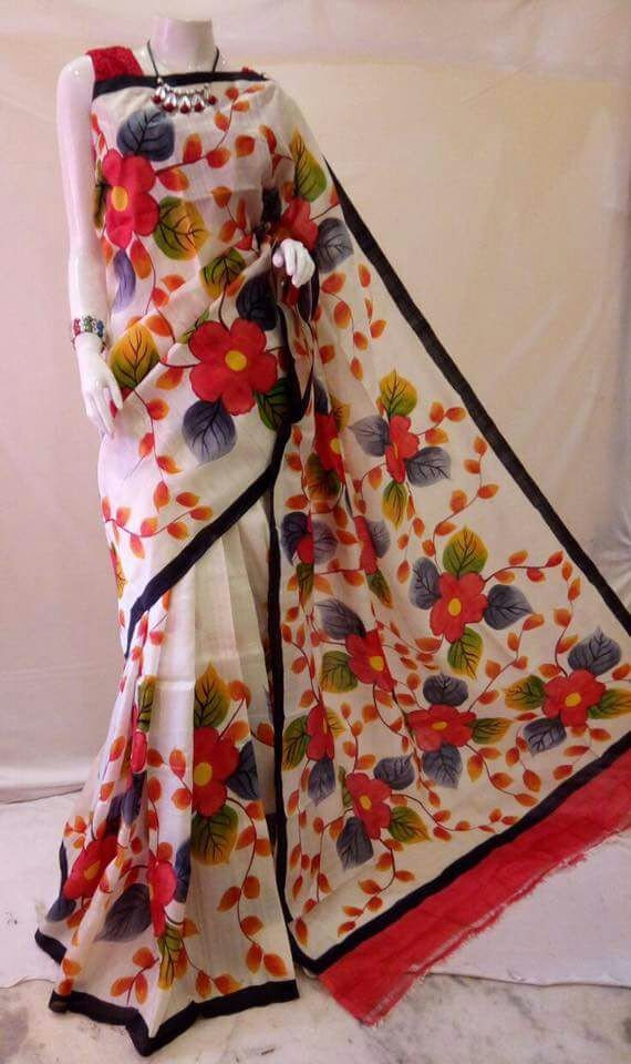 Authentic Murshidabad Silk Saree All Over Hand Paint Work Pure Handloom Soft Murshidabadi Silk Sari With Blouse Piece | Gift For Durga puja