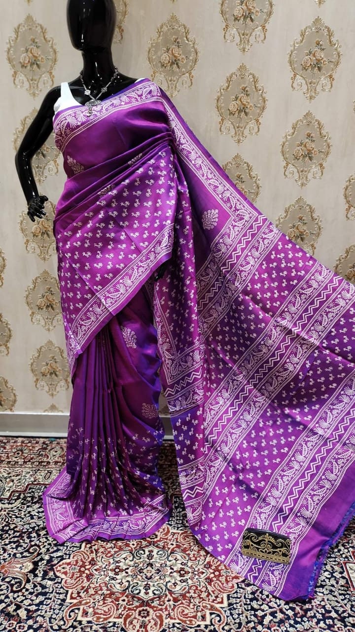 Authentic Bishnupuri Silk Saree Block Print Dual Tone Katan Silk Saree With Silk Mark Silk Saree With Blouse Piece