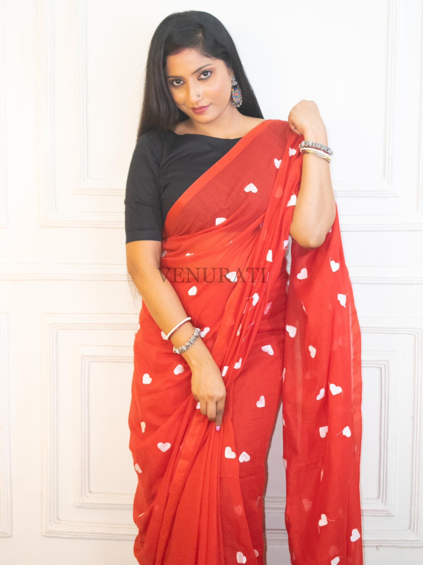 Soft Mulmul Cotton Handloom Saree for All Season, Embroidered Cotton Saree with Pompom, Red Cotton Saree, Gift for Durga Puja Diwali