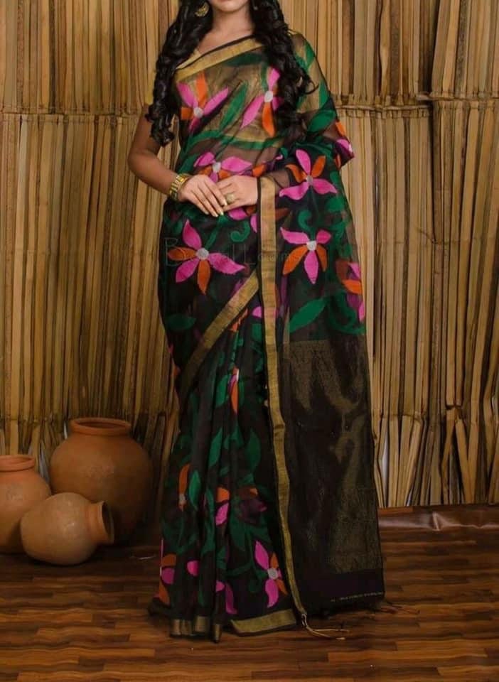 VENURATI Exclusive Handmade Muslin Jamdani Saree with Blouse Piece, Handwoven Dhakai Jamdani Maslin Saree, Transparent Jamdani Sari