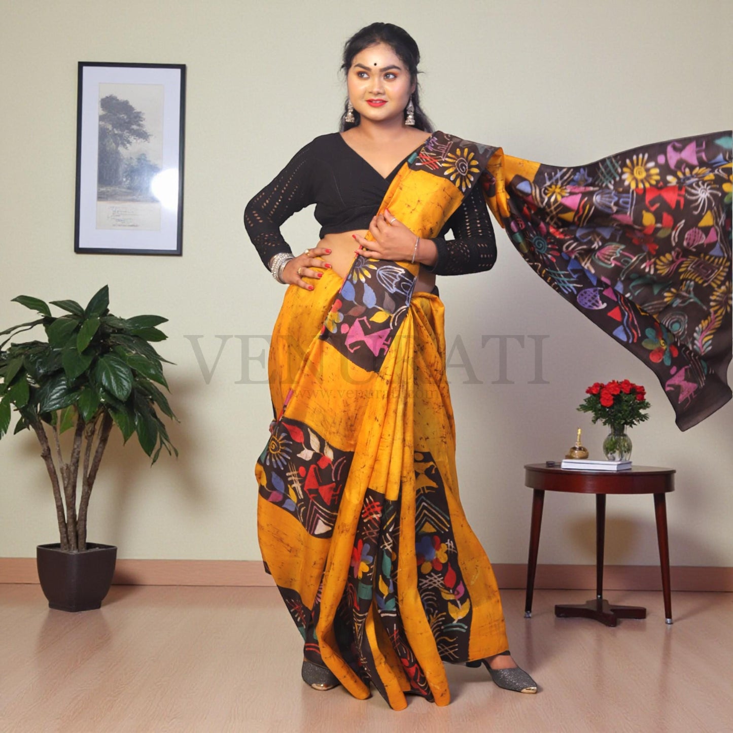 Pure Silk Saree With Blouse Piece, Authentic Murshidabad Silk Saree with Silk mark Tag, Batik Paint Silk Saree, Handmade Silk Sari for Women