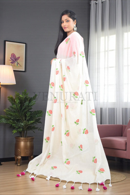 Soft Mulmul Cotton Handloom Saree for All Season, Embroidered Cotton Saree with Pompom, Off-White Cotton Saree, Gift for Durga Puja Diwali