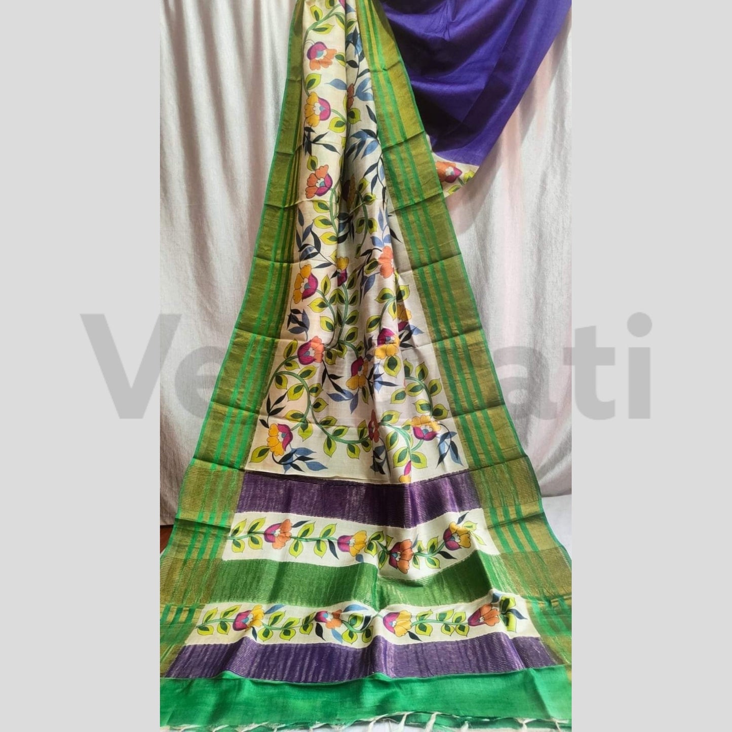 Hand-Painted Jari Tussar Kalamkari Saree, Pure Silk Saree with Silkmark