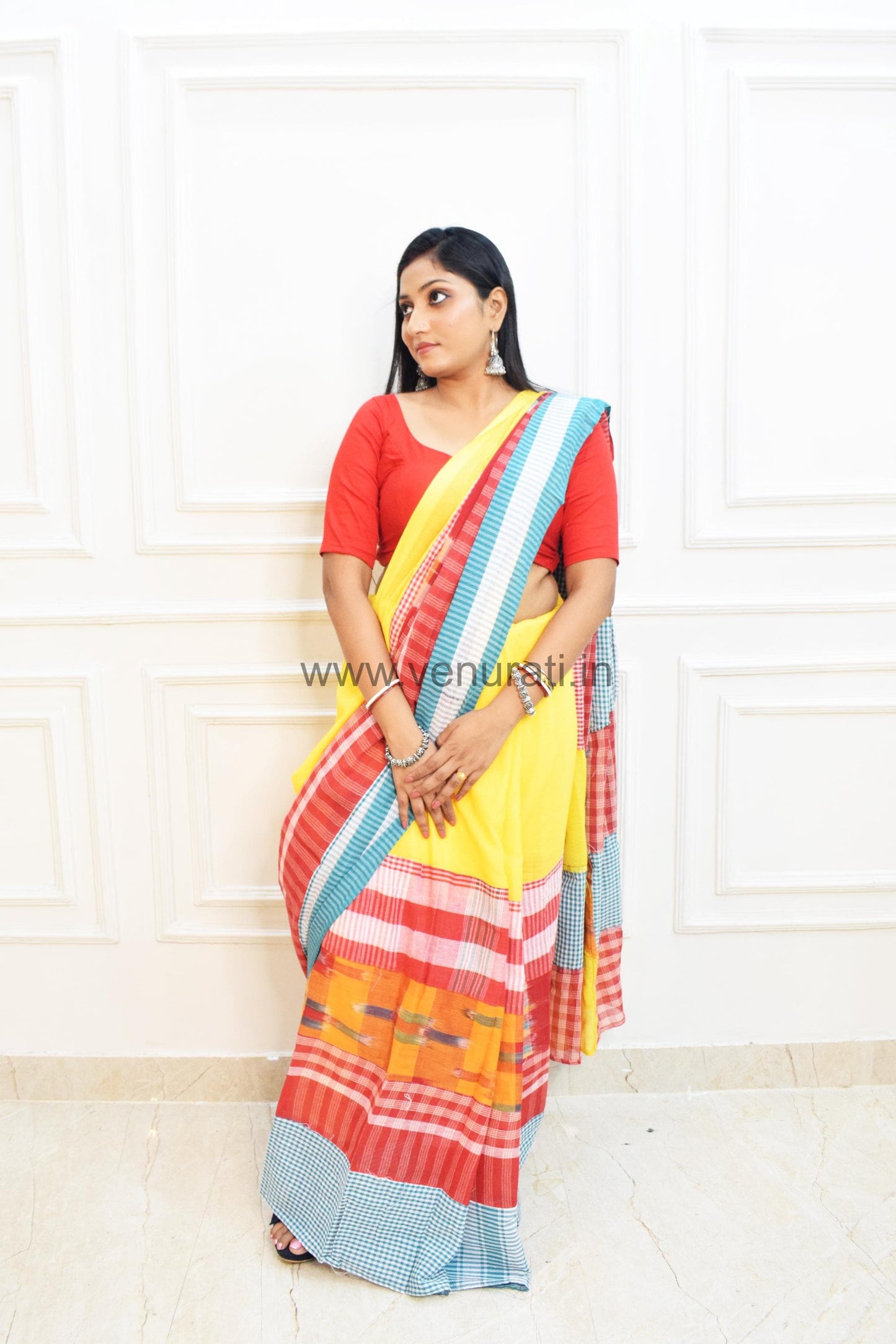Handwoven Cotton Khadi Saree with Gamcha Patchwork, Designer Cotton Saree,  Pure khadi cotton mix match saree , Yellow Cotton Saree