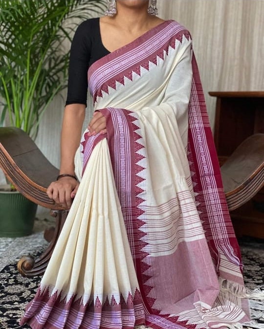 Pure Mercerized Cotton Begumpuri Saree With Blouse Piece Handwoven Soft Dhonekhali Cotton Sarees With Temple Border Durga Puja Gift