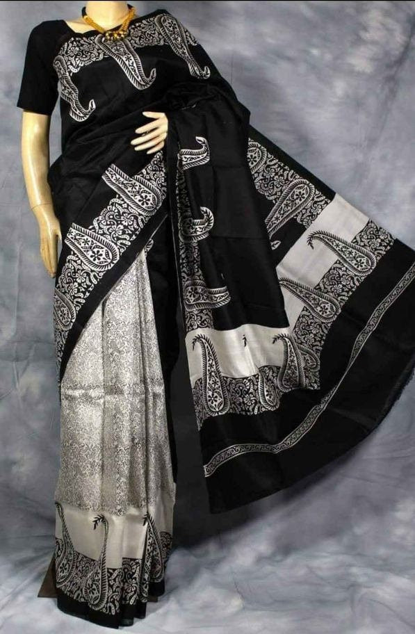 Authentic Murshidabad Silk Saree Designer Block Print Pure Handloom Soft Murshidabadi Silk Sari With Blouse Piece | Lal Par Sada Saree