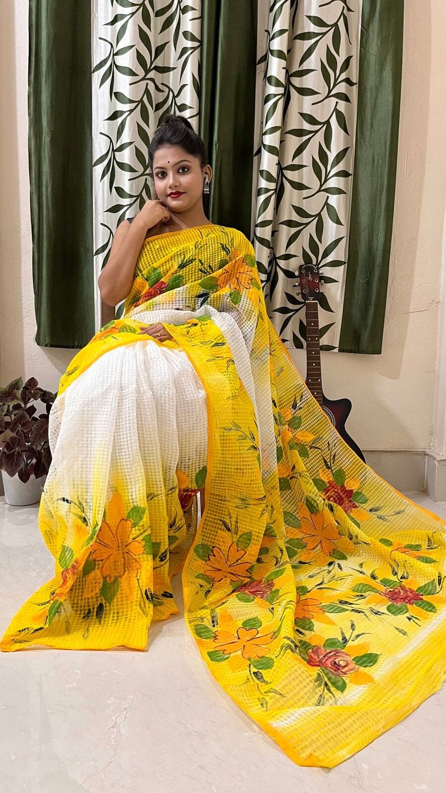 Bengal's Hand Painted Resham Kota Saree for Women's, Full Body Floral Painted Resham Kota Doriya Saree, Designer Bollywood Saree by VENURATI