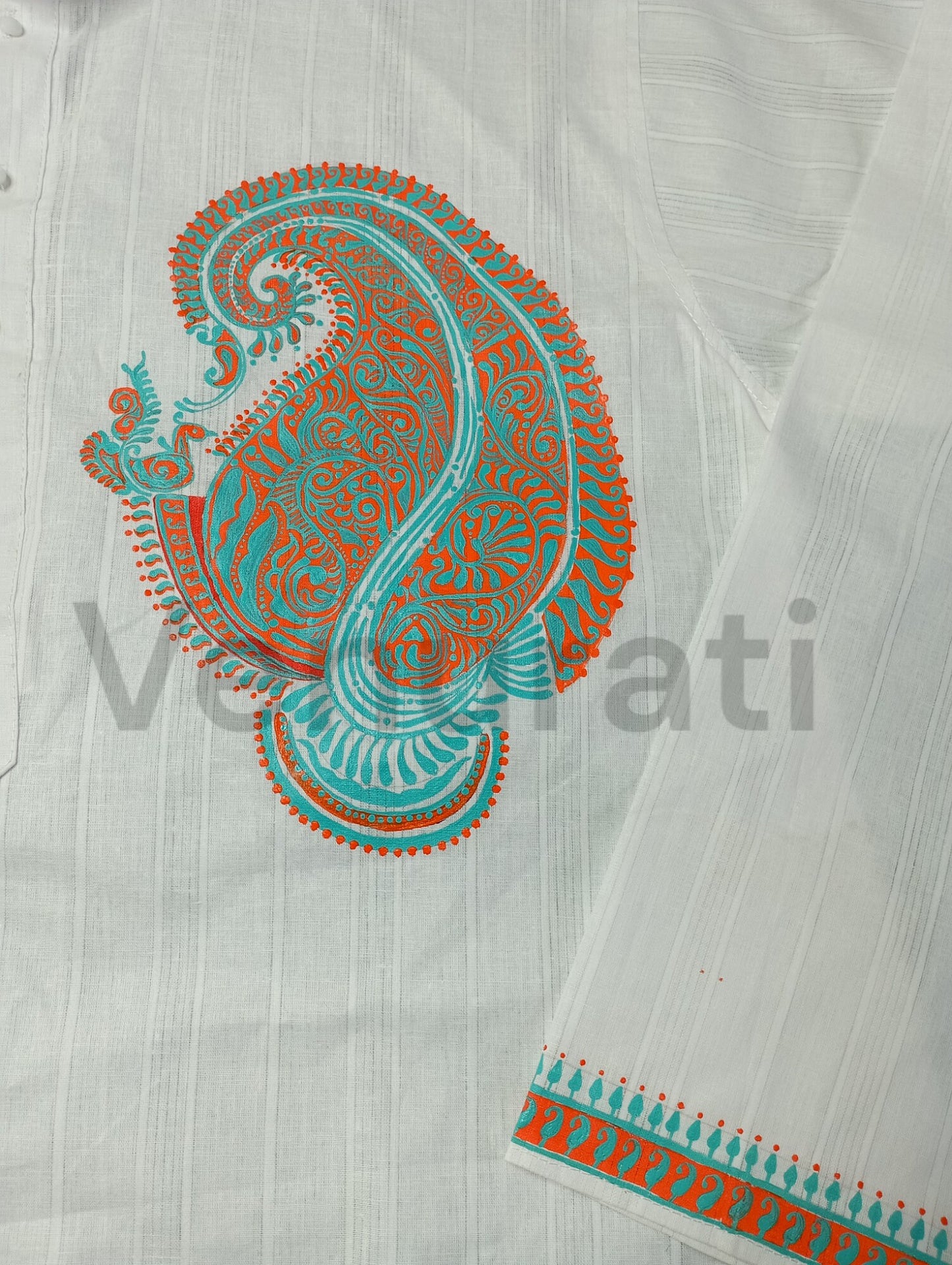 Hand painted Pure Cotton Kurta for Men's, Indian Style Men's Kurta, Handpaint Punjabi for Mens, Gift for Dad