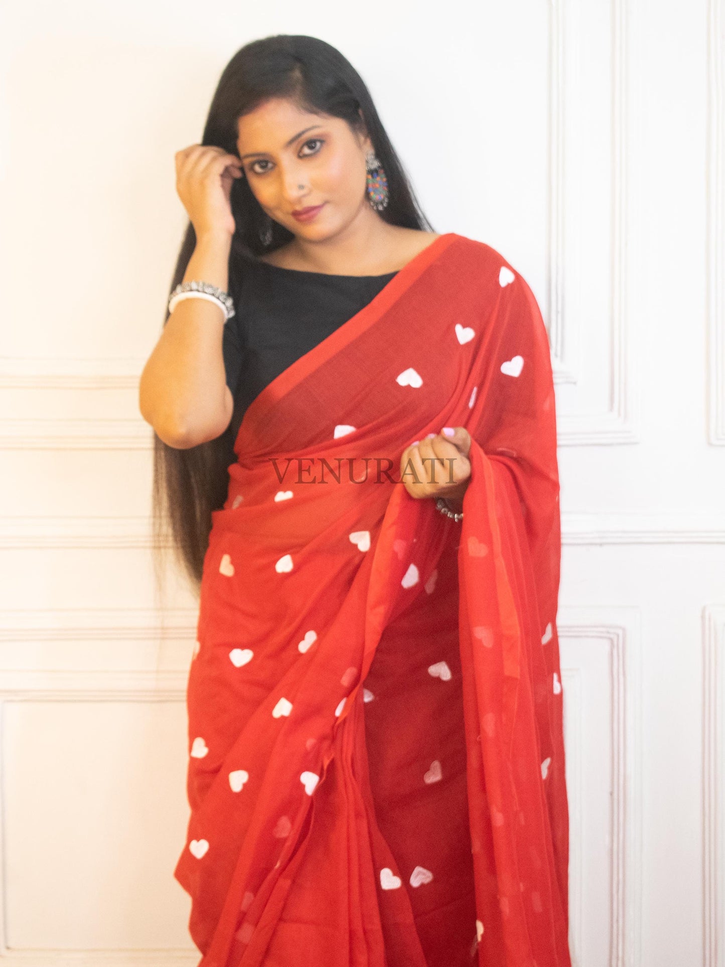 Soft Mulmul Cotton Handloom Saree for All Season, Embroidered Cotton Saree with Pompom, Red Cotton Saree, Gift for Durga Puja Diwali