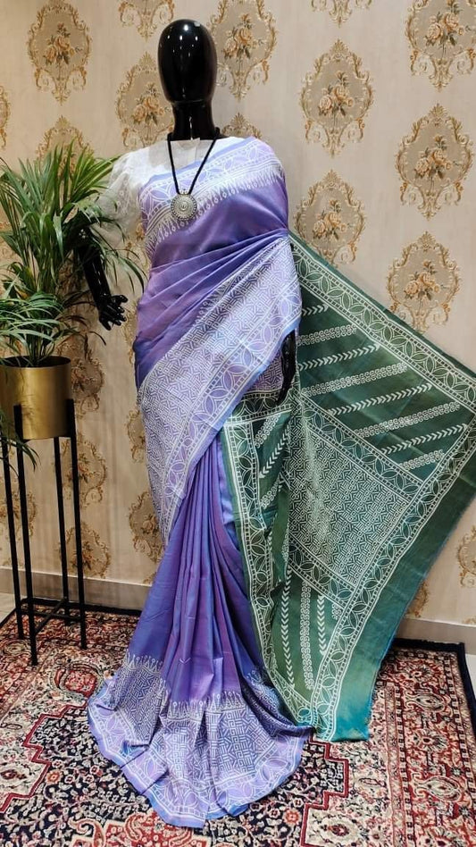 Authentic Bishnupuri Silk Saree Block Print Dual Tone Katan Silk Saree With Silk Mark Silk Saree With Blouse Piece