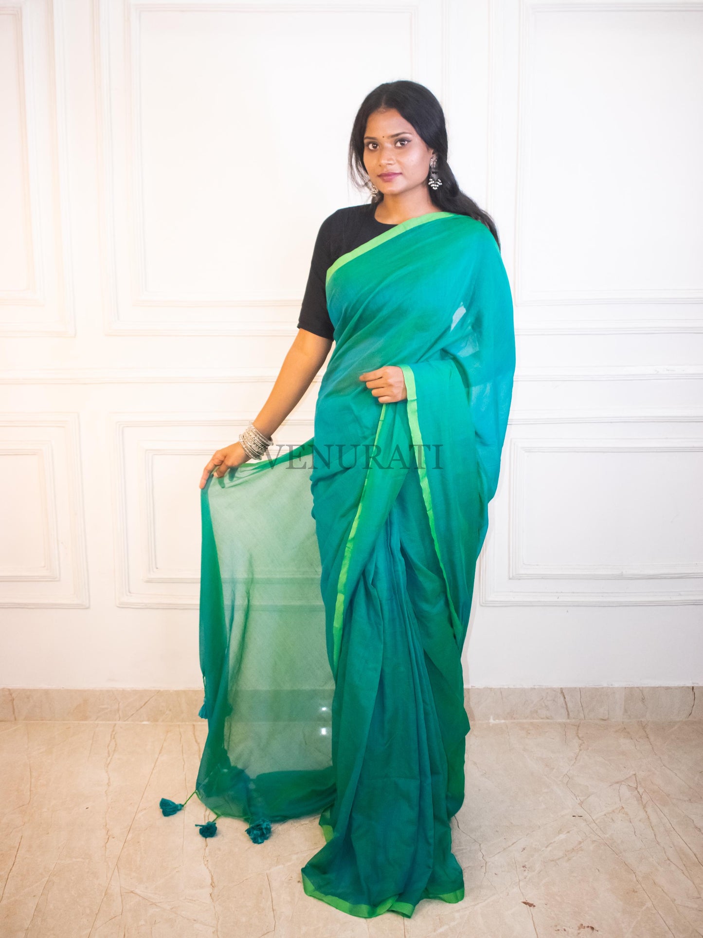 Soft Molmol Cotton Handloom Saree for All Season, Dual Tone Cotton Saree with Pompom, Sea Green Cotton Saree, Gift for Durga Puja Diwali