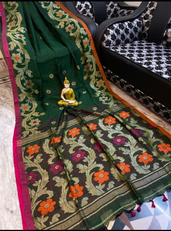 VENURATI Exclusive Organic Linen By Linen Jamdani Saree With Blouse Piece, Handloom Soft 100 Count Linen Jamdani Saree, Authentic Linen Sari