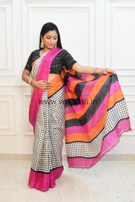 Authentic Silk Saree, Murshidabad Silk Sari, Block Printed Pure Silk Saree in multi colour Combination, Silk saree with Blouse Piece