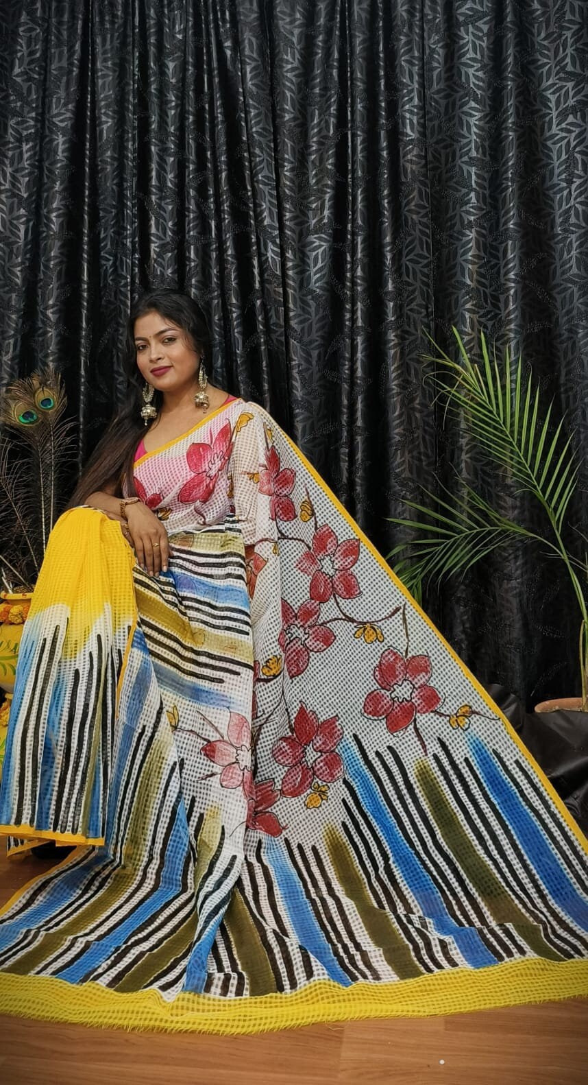 Bengal's Hand Painted Resham Kota Saree for Women's, Full Body Floral Painted Resham Kota Doriya Saree, Designer Bollywood Saree by VENURATI