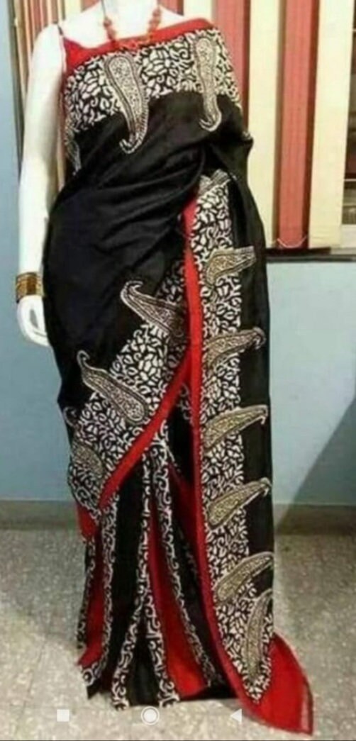 Authentic Murshidabad Silk Saree Designer Block Print Pure Handloom Soft Murshidabadi Silk Sari With Blouse Piece | Lal Par Sada Saree