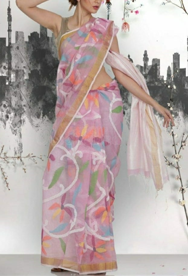 VENURATI Exclusive Handmade Muslin Jamdani Saree with Blouse Piece, Handwoven Dhakai Jamdani Maslin Saree, Transparent Jamdani Sari